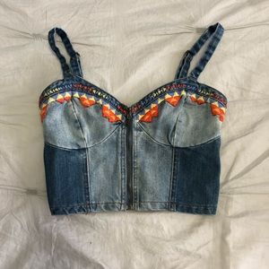 F21 embroidered Jean Crop top with Zipper